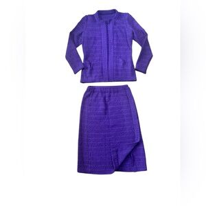 1950s 1960s true vintage two piece knit cardigan and skirt set, purple